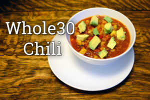 Whole30 Chili topped with avocados